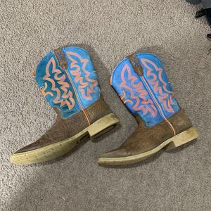 Twisted X YHY0001 Brown Blue Leather Neon Stitching Cowboy Boot Youth Size 4M